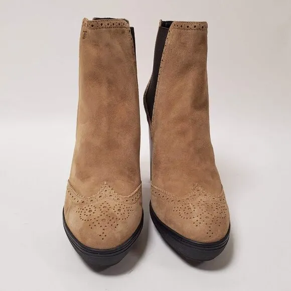 TOD'S BOOTS ANKLE BEIGE SUEDE LEATHER BROGUE ELASTIC SIDES HIGH HEEL 40.5 10.5