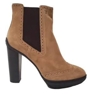 TOD'S BOOTS ANKLE BEIGE SUEDE LEATHER BROGUE ELASTIC SIDES HIGH HEEL 40.5 10.5
