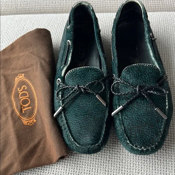 Tod's Green pony hair  Leather Women’s Loafers. Size 7.5