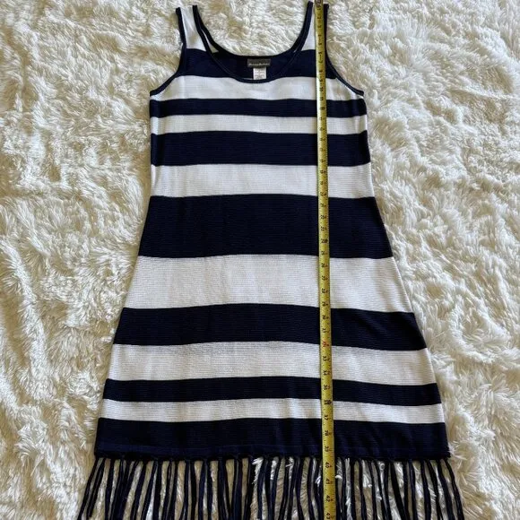 TOMMY BAHAMA Navy Blue &amp; White Stripe Sleeveless Fringed Knit Tank Dress Size M
