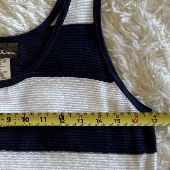 TOMMY BAHAMA Navy Blue &amp; White Stripe Sleeveless Fringed Knit Tank Dress Size M