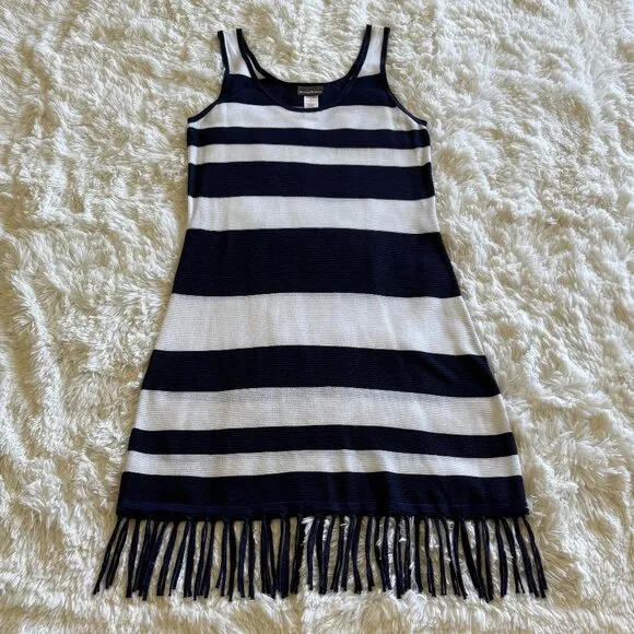 TOMMY BAHAMA Navy Blue &amp; White Stripe Sleeveless Fringed Knit Tank Dress Size M