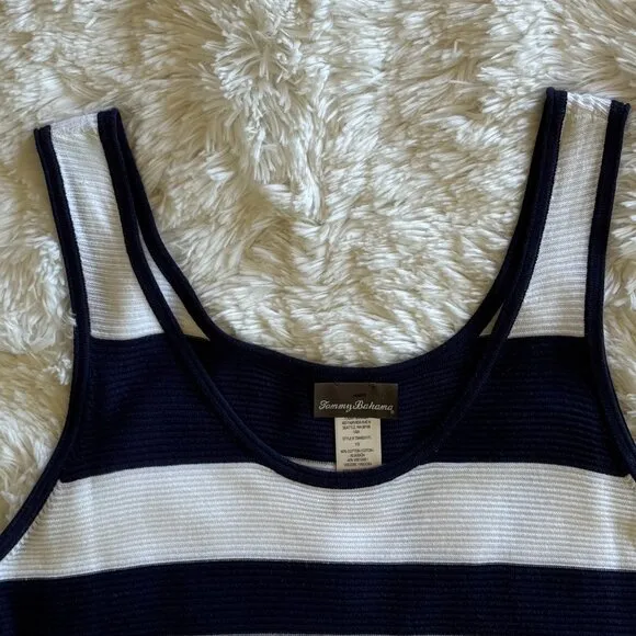 TOMMY BAHAMA Navy Blue &amp; White Stripe Sleeveless Fringed Knit Tank Dress Size M
