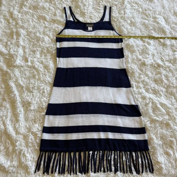 TOMMY BAHAMA Navy Blue &amp; White Stripe Sleeveless Fringed Knit Tank Dress Size M