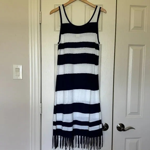 TOMMY BAHAMA Navy Blue &amp; White Stripe Sleeveless Fringed Knit Tank Dress Size M