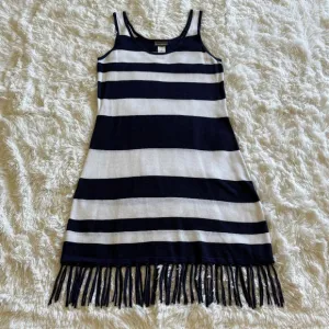 TOMMY BAHAMA Navy Blue &amp; White Stripe Sleeveless Fringed Knit Tank Dress Size M