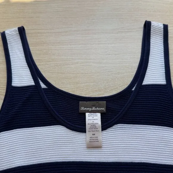 TOMMY BAHAMA Navy Blue &amp; White Stripe Sleeveless Fringed Knit Tank Dress Size M