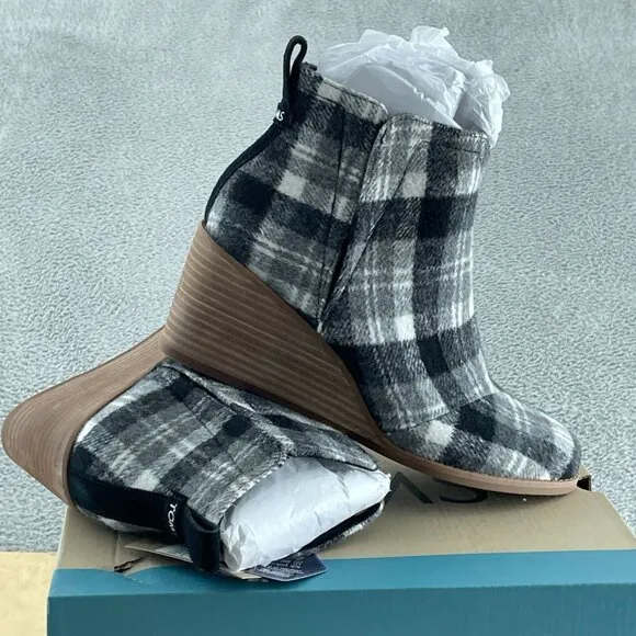 TOMS Women's Clare Wedge Boot, Black/Grey Plaid, 8 NWB S161