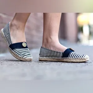 Tory Burch Beacher Black &amp; White Stripped Slip on Espadrilles- 8