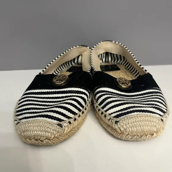 Tory Burch Beacher Black &amp; White Stripped Slip on Espadrilles- 8
