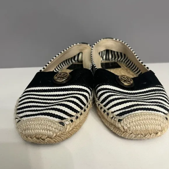 Tory Burch Beacher Black &amp; White Stripped Slip on Espadrilles- 8