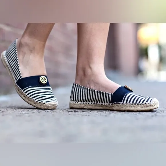 Tory Burch Beacher Black &amp; White Stripped Slip on Espadrilles- 8