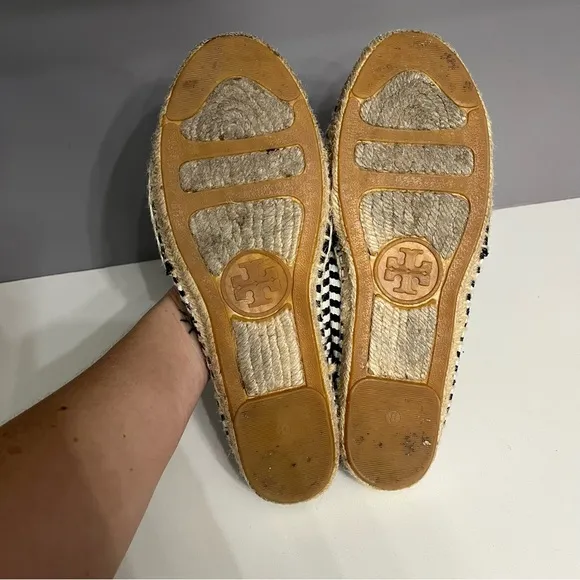 Tory Burch Beacher Black &amp; White Stripped Slip on Espadrilles- 8