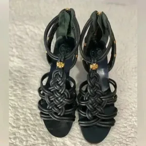 Tory Burch Bennett Glazed Lounge Wedges Leather Black Sandals Size 8.5
