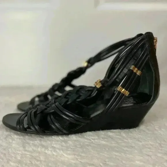 Tory Burch Bennett Glazed Lounge Wedges Leather Black Sandals Size 8.5