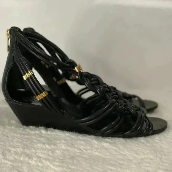 Tory Burch Bennett Glazed Lounge Wedges Leather Black Sandals Size 8.5