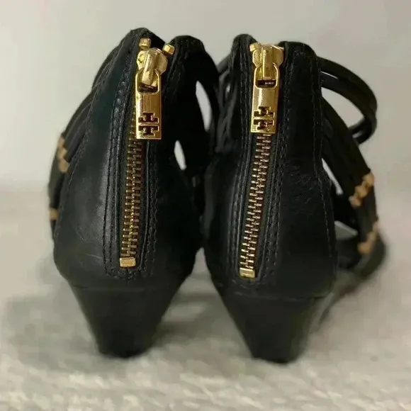 Tory Burch Bennett Glazed Lounge Wedges Leather Black Sandals Size 8.5