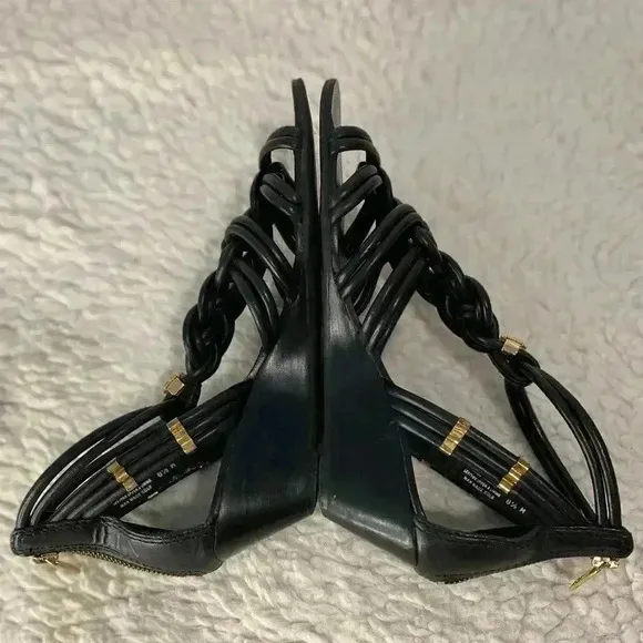 Tory Burch Bennett Glazed Lounge Wedges Leather Black Sandals Size 8.5