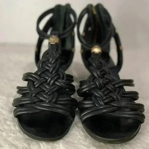 Tory Burch Bennett Glazed Lounge Wedges Leather Black Sandals Size 8.5