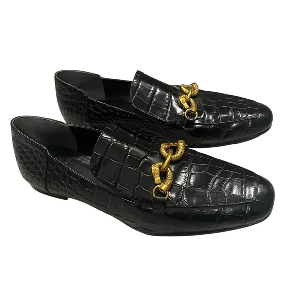 Tory Burch Jessa Black Croc Embossed Leather Horse Hardware Loafers, Sz 11
