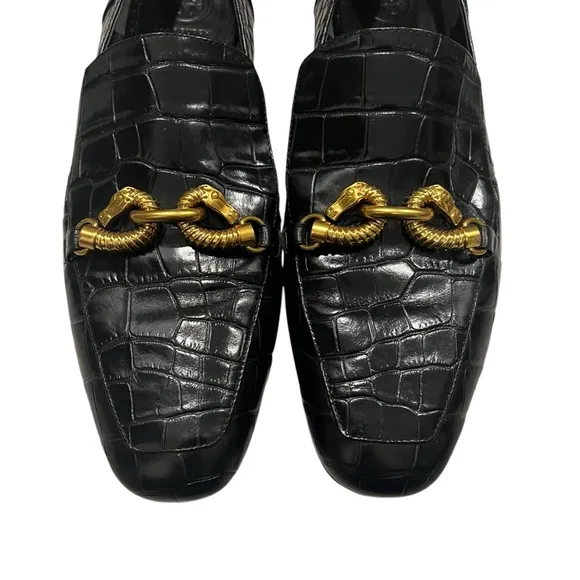 Tory Burch Jessa Black Croc Embossed Leather Horse Hardware Loafers, Sz 11