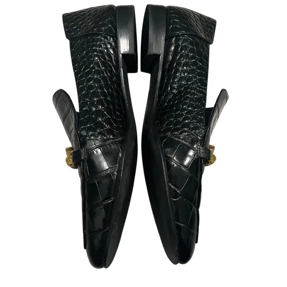 Tory Burch Jessa Black Croc Embossed Leather Horse Hardware Loafers, Sz 11