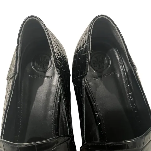 Tory Burch Jessa Black Croc Embossed Leather Horse Hardware Loafers, Sz 11
