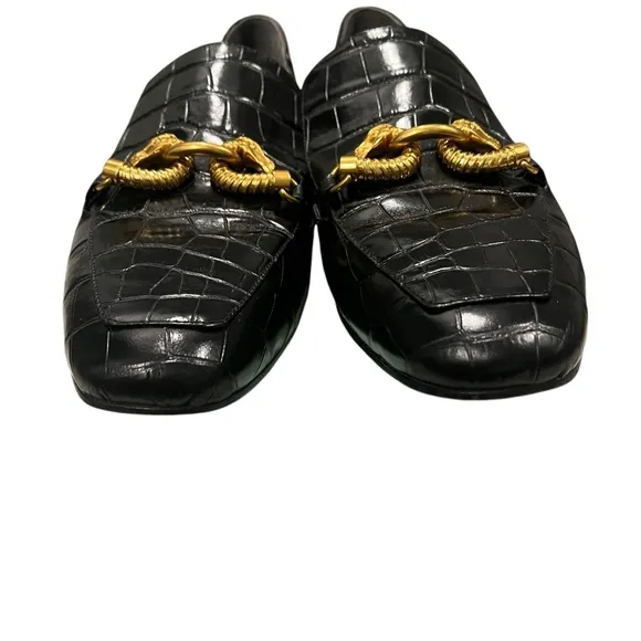 Tory Burch Jessa Black Croc Embossed Leather Horse Hardware Loafers, Sz 11