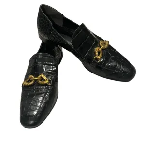 Tory Burch Jessa Black Croc Embossed Leather Horse Hardware Loafers, Sz 11