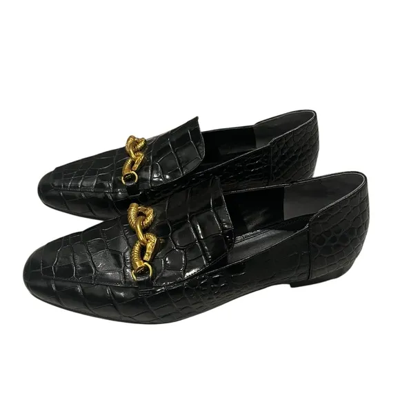 Tory Burch Jessa Black Croc Embossed Leather Horse Hardware Loafers, Sz 11