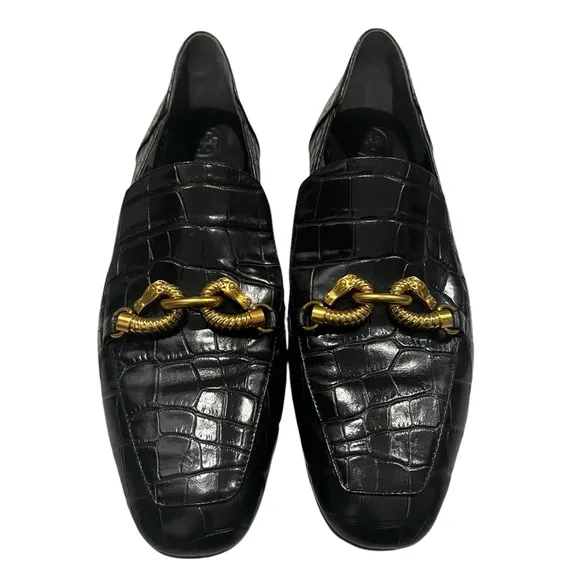 Tory Burch Jessa Black Croc Embossed Leather Horse Hardware Loafers, Sz 11