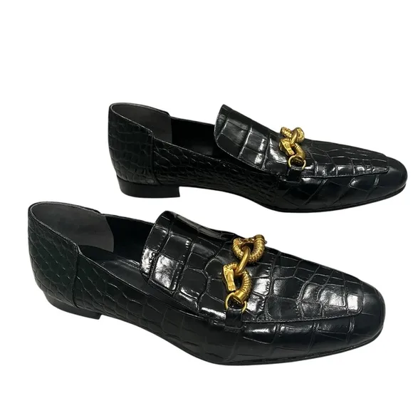 Tory Burch Jessa Black Croc Embossed Leather Horse Hardware Loafers, Sz 11