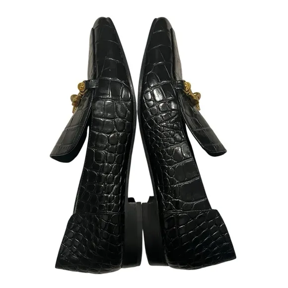 Tory Burch Jessa Black Croc Embossed Leather Horse Hardware Loafers, Sz 11