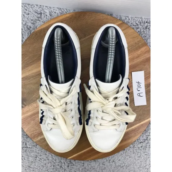 Tory Burch Sport Ruffle White Navy Leather Casual Lace Up Sneakers Womens 7.5 M