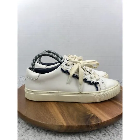 Tory Burch Sport Ruffle White Navy Leather Casual Lace Up Sneakers Womens 7.5 M