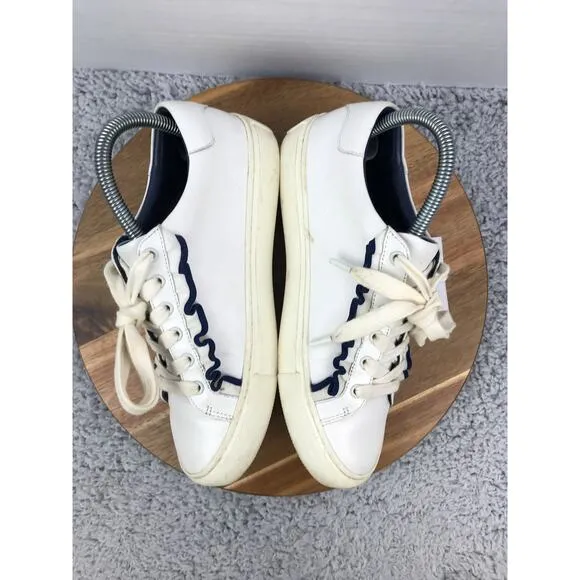 Tory Burch Sport Ruffle White Navy Leather Casual Lace Up Sneakers Womens 7.5 M