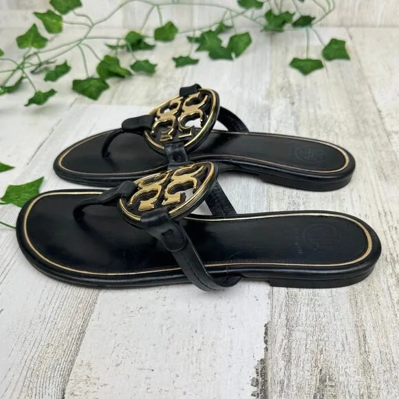 Tory Burch Womens Miller Gold black  Leather Classic Thong Sandal Size 7