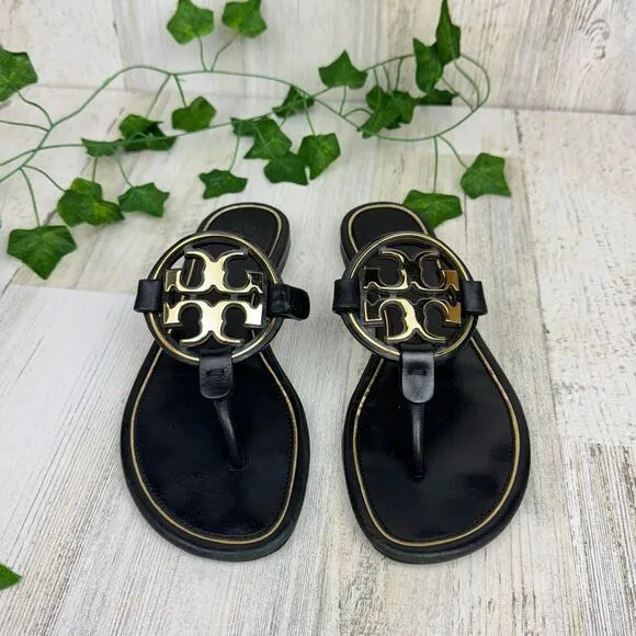 Tory Burch Womens Miller Gold black  Leather Classic Thong Sandal Size 7