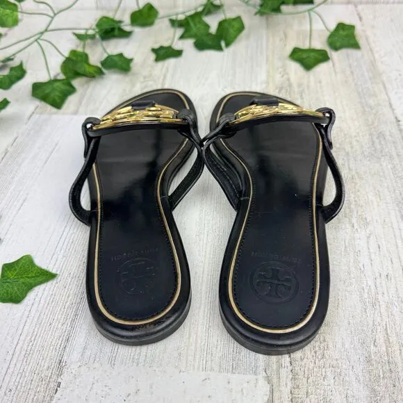 Tory Burch Womens Miller Gold black  Leather Classic Thong Sandal Size 7