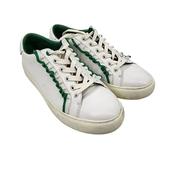 Tory Burch Womens White &amp; Green Leather Sneakers W/ Ruffle Detail Size 7.5