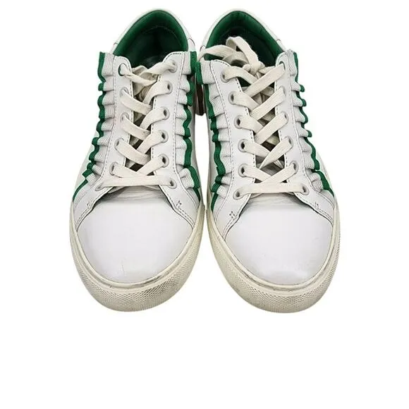 Tory Burch Womens White &amp; Green Leather Sneakers W/ Ruffle Detail Size 7.5
