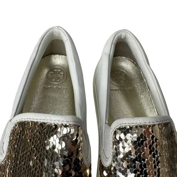 Tory Burch Women's White Carter Gold Sequin Slip-on Sneakers Loafers Size US 7