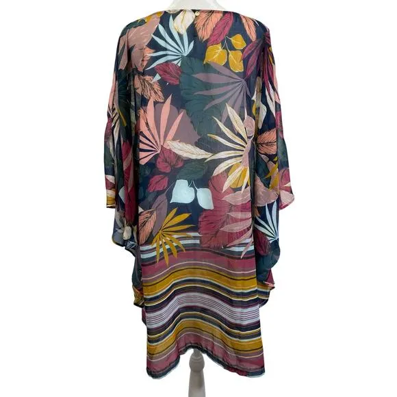 TOUCHE BALNEAIRE Tropical Kaftan Dress Swim Cover Up Palm Leaves Resort Wear - S