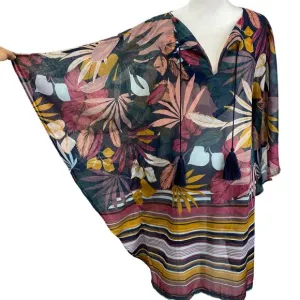 TOUCHE BALNEAIRE Tropical Kaftan Dress Swim Cover Up Palm Leaves Resort Wear - S