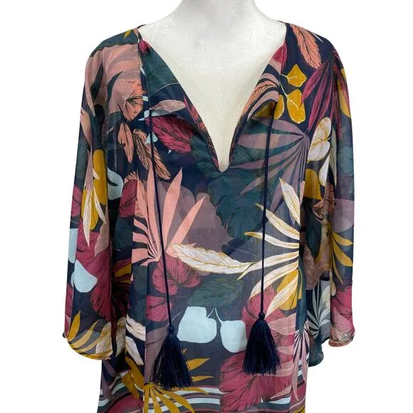 TOUCHE BALNEAIRE Tropical Kaftan Dress Swim Cover Up Palm Leaves Resort Wear - S