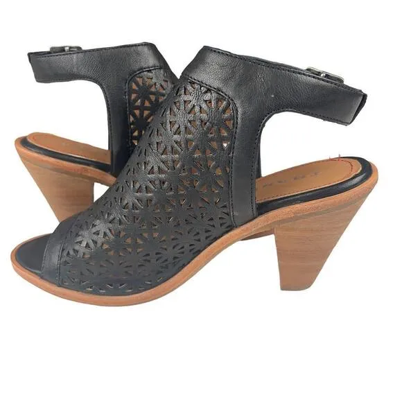 TRASK LASER CUT LEATHER SLINGBACK HEELED SANDALS IN BLACK NWOB WOMEN'S SIZE 8
