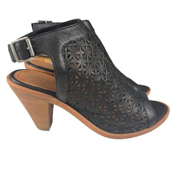 TRASK LASER CUT LEATHER SLINGBACK HEELED SANDALS IN BLACK NWOB WOMEN'S SIZE 8