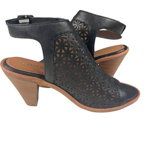 TRASK LASER CUT LEATHER SLINGBACK HEELED SANDALS IN BLACK NWOB WOMEN'S SIZE 8