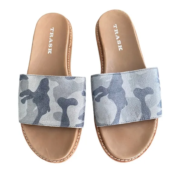 Trask Sherry Pewter Camo Metallic Italian Suede Slip On Slides Sandals Womens 7