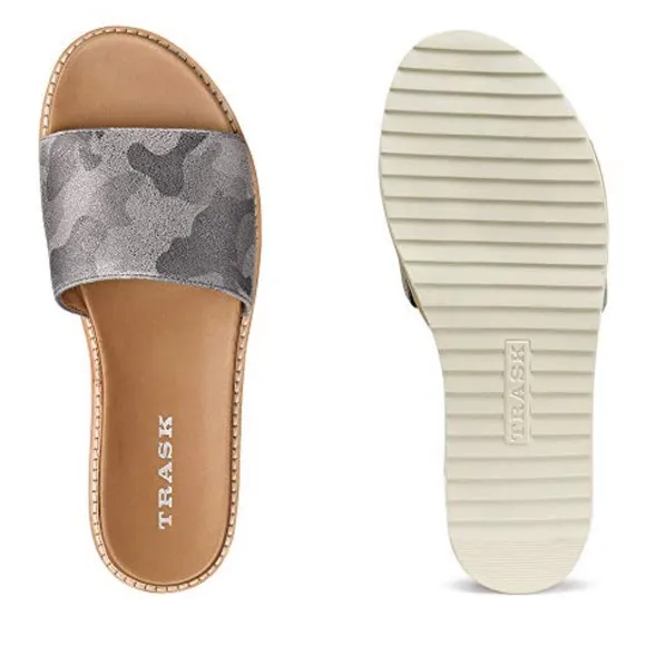 Trask Sherry Pewter Camo Metallic Italian Suede Slip On Slides Sandals Womens 7